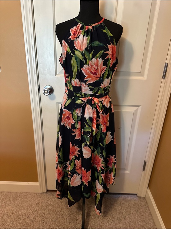 Eliza J Dresses & Skirts - Eliza J Navy Blue Halter Floral handkerchief Dress in Coral and Green